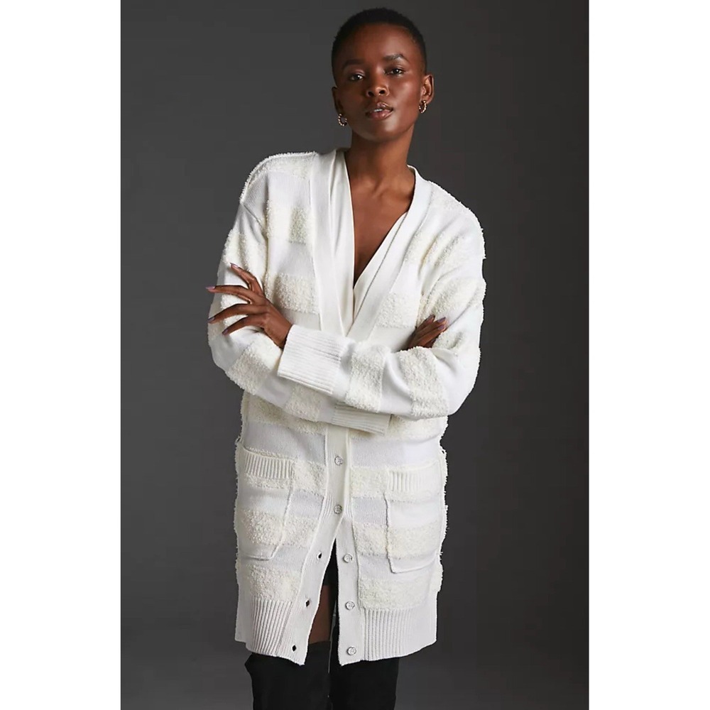 Anthropologie Daily Practice White Striped Cardigan Sweater‎ SZ Extra Small XS